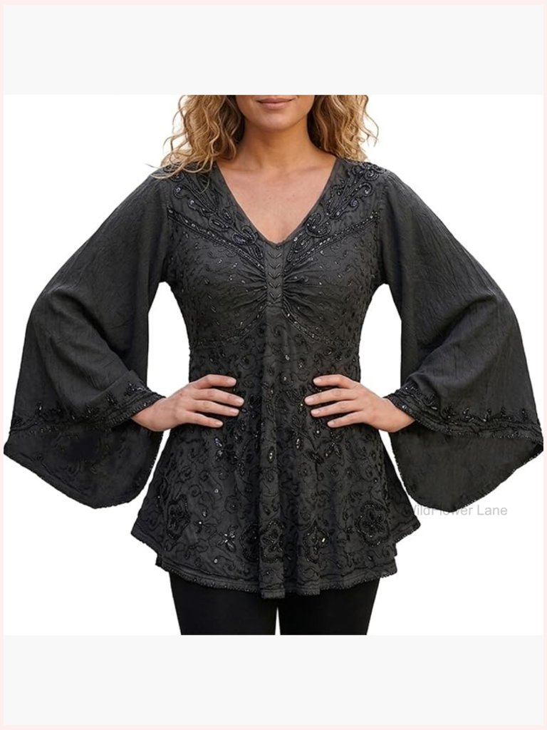 Boho Bell Sleeve Tunic - V Neck Embroidered Dressy Casual Top